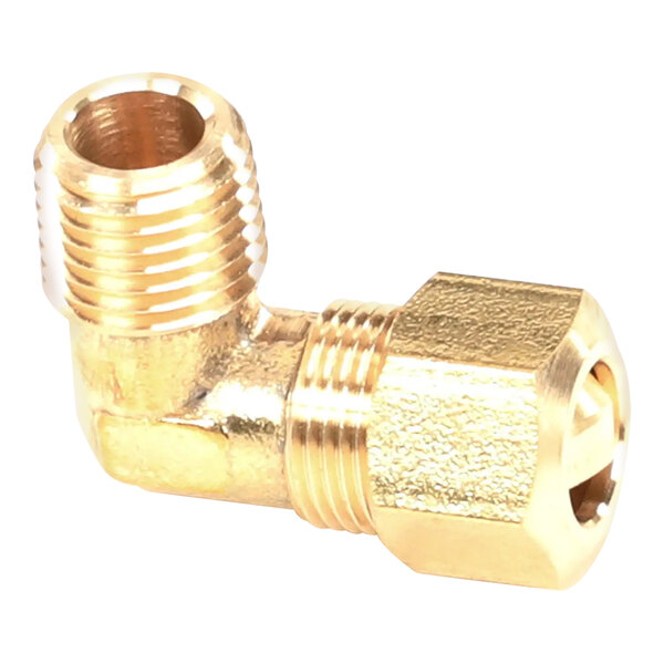 A gold colored Pitco brass elbow pipe fitting with threads.