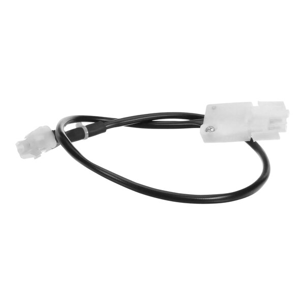 A close-up of a black and white cable with a black connector.