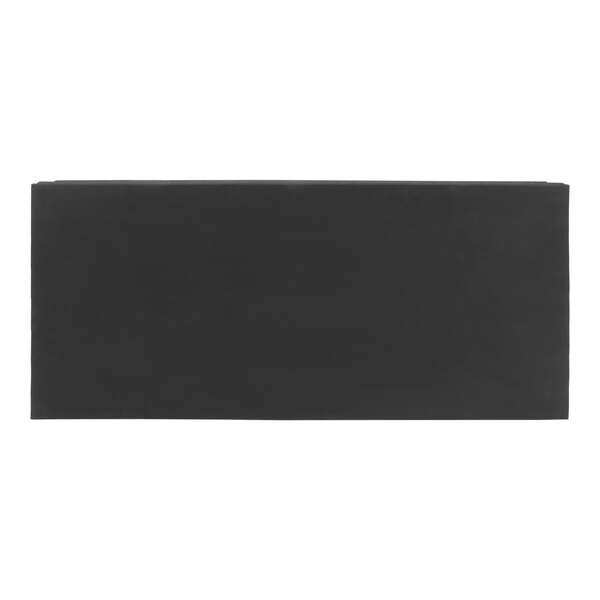 A black rectangular object with white text on a white background.