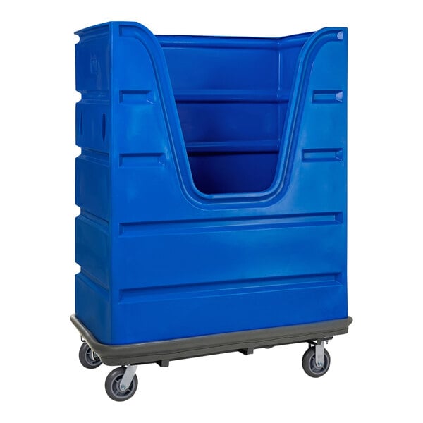 A blue polypropylene bulk transport truck with wheels.