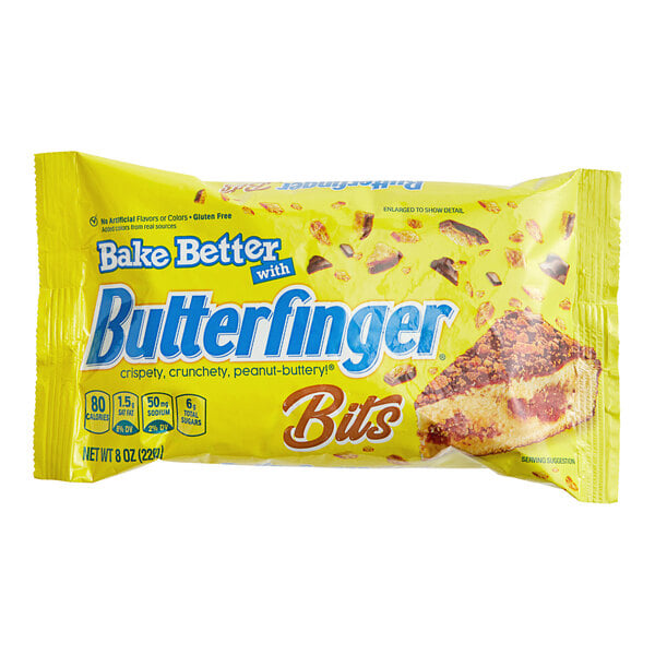 A yellow bag of BUTTERFINGER Bits on a white background.