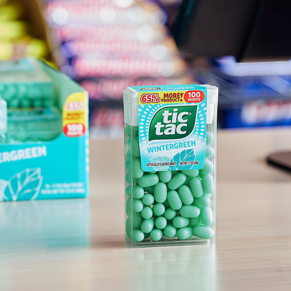 A case of Tic Tac Wintergreen Mints on a table.