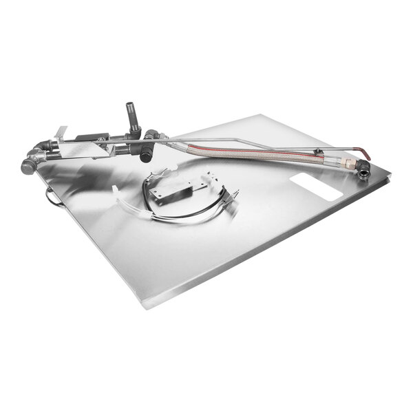 A metal plate with a metal handle.