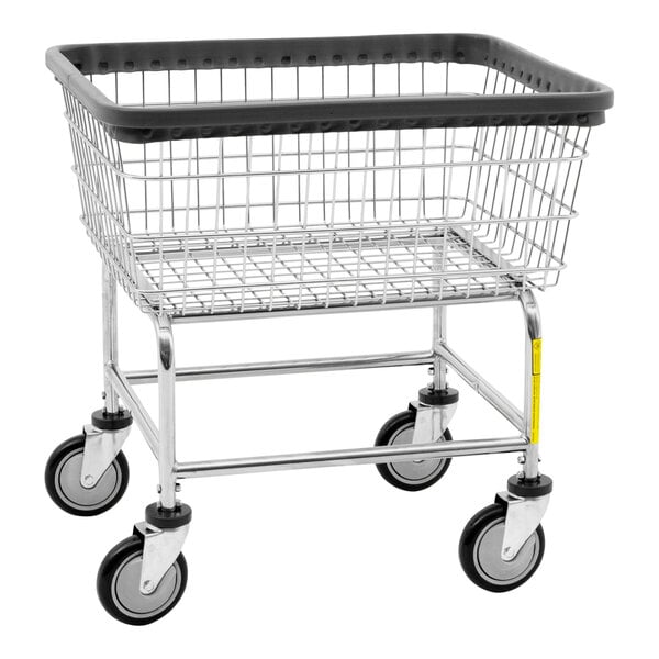 A chrome-plated wire laundry cart with black handles and wheels.