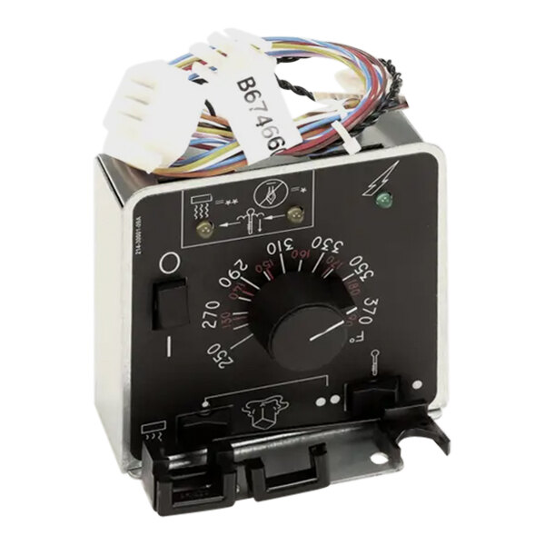 A black and white Pitco control box assembly with wires and a dial.