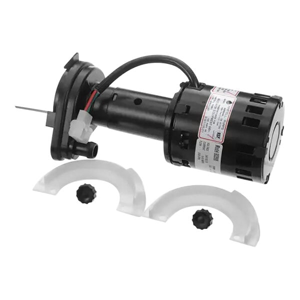 An Ice-O-Matic water pump assembly with a black electric motor and white label.