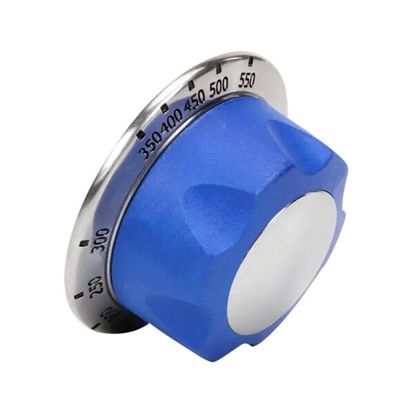 A close-up of a blue and silver Imperial Range knob with numbers on it.
