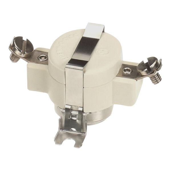 A white round Vulcan high-limit thermostat with metal screws.
