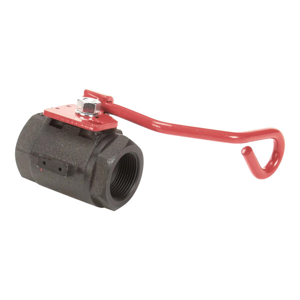 A black ball valve with a red handle.