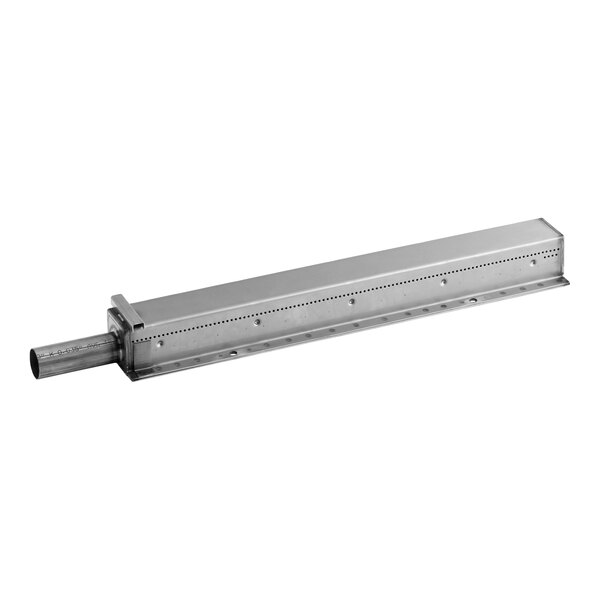 A rectangular stainless steel burner component with a pipe attachment, designed for use in Vulcan Vtec equipment.