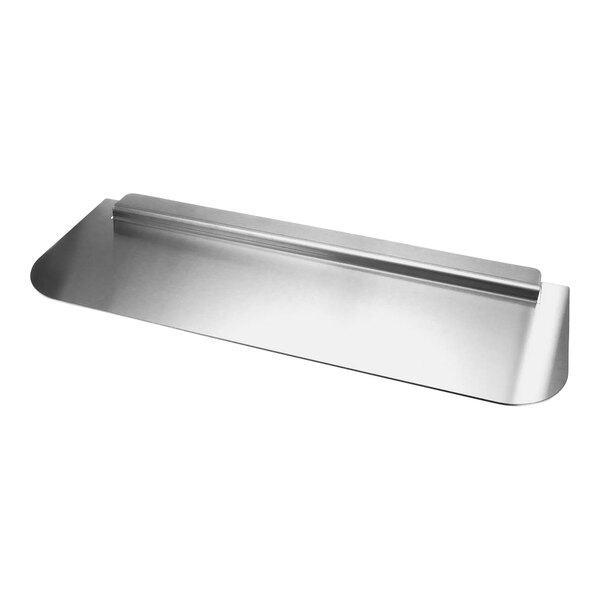 A silver rectangular stainless steel splash guard with a metal handle.