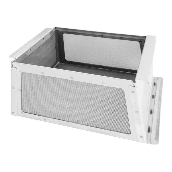 A metal mesh box with a rectangular white window.