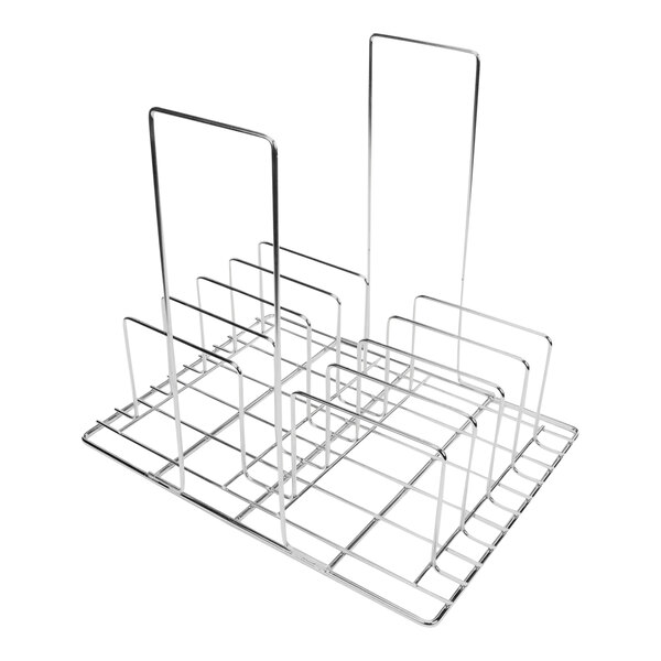 A metal rack with four rectangular compartments on it.