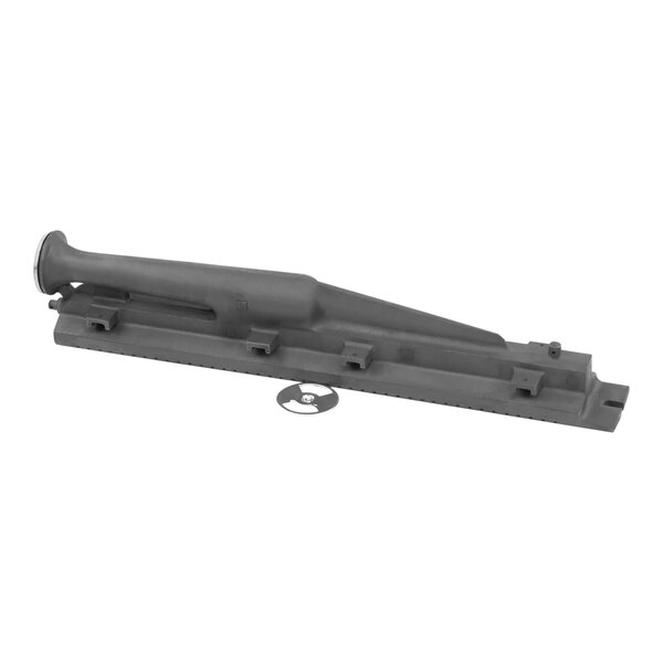 A grey metal Vulcan burner assembly with a black circular object on the end.