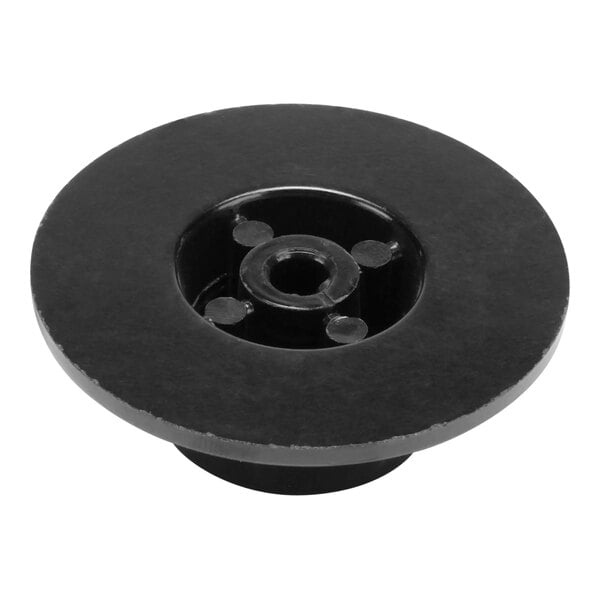 A black plastic round knob with a hole in the center.