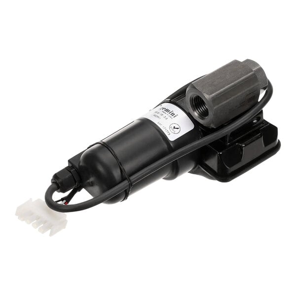 A black and silver Pitco ball valve with a white label.