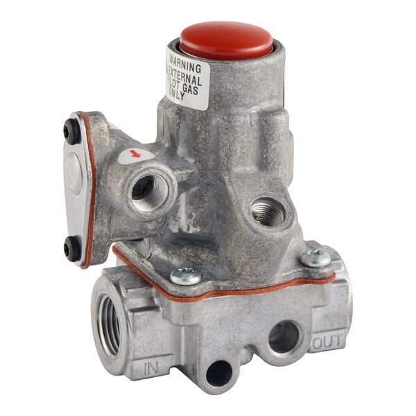A metal safety valve with multiple threaded ports and a red cap, designed for gas flow control.