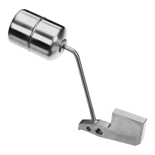 A stainless steel metal cylinder with a long metal arm.