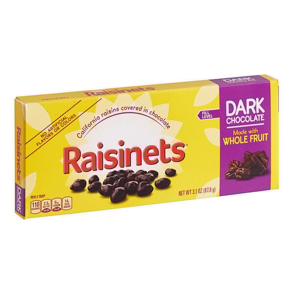 A yellow RAISINETS box with dark chocolate-covered raisins on it.