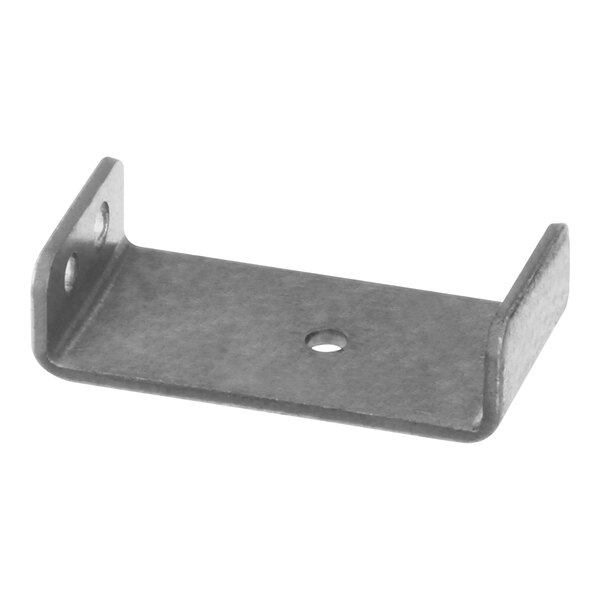 A metal bracket with a hole in the middle.