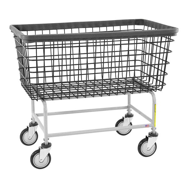 A black wire laundry cart with wheels.