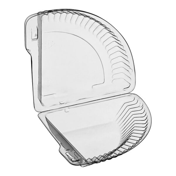 A Polar Pak clear plastic hinged 1/4 pie slice container with a half-open lid.