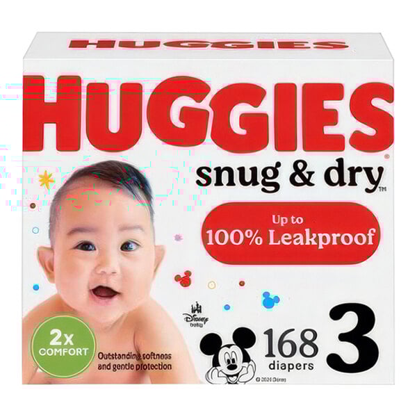 A box of Huggies Snug & Dry Size 3 baby diapers.