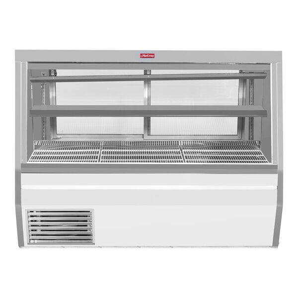 A white Howard McCray double-duty refrigerated deli case with a glass window.