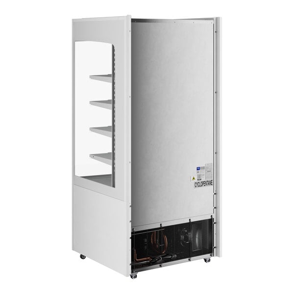 An Avantco white vertical air curtain merchandiser with glass doors.