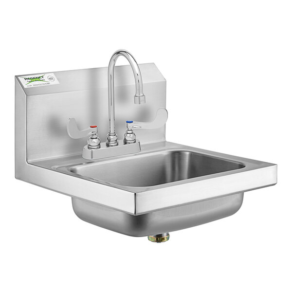 A stainless steel Regency wall-mounted hand sink with T&S gooseneck faucet.