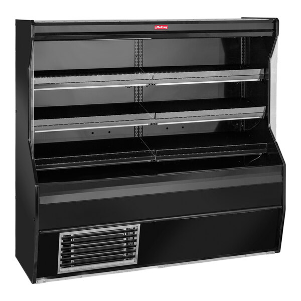 A black Howard McCray vertical refrigerated display with shelves.