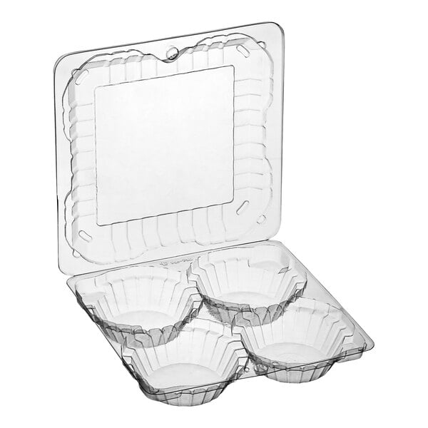 A clear plastic container with four compartments and a clear lid.
