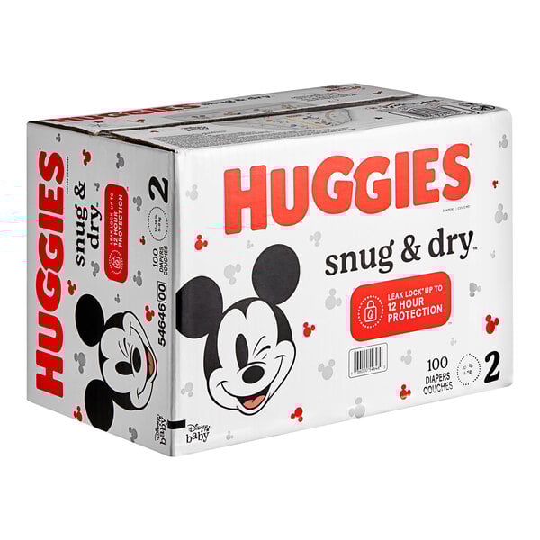 A case of Huggies® Snug & Dry™ Size 2 Baby Diapers with 100 diapers in the box.
