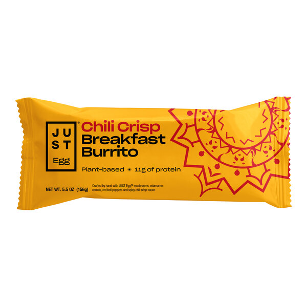 A yellow package of Eat Just Egg Plant-Based Vegan Chili Crisp Breakfast Burritos on a white background.