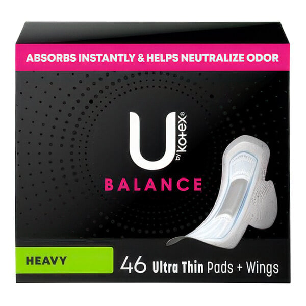 A box of U by Kotex Balance Ultra Thin Heavy Absorbency pads with wings on a white background.