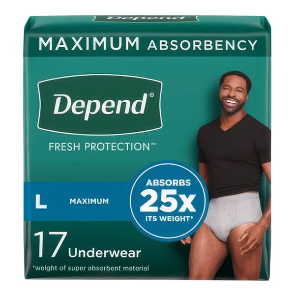 A package of 34 Depend adult underwear for men with a blue circle and white text.