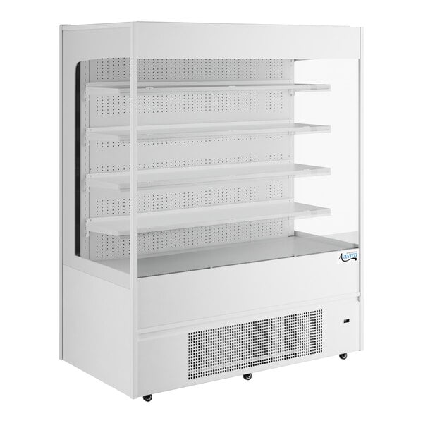 A white vertical open air merchandiser with shelves.