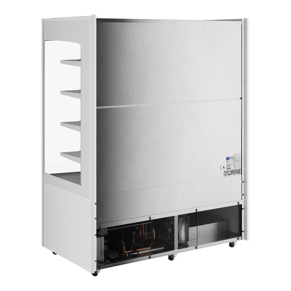 A white vertical open air merchandiser with shelves.