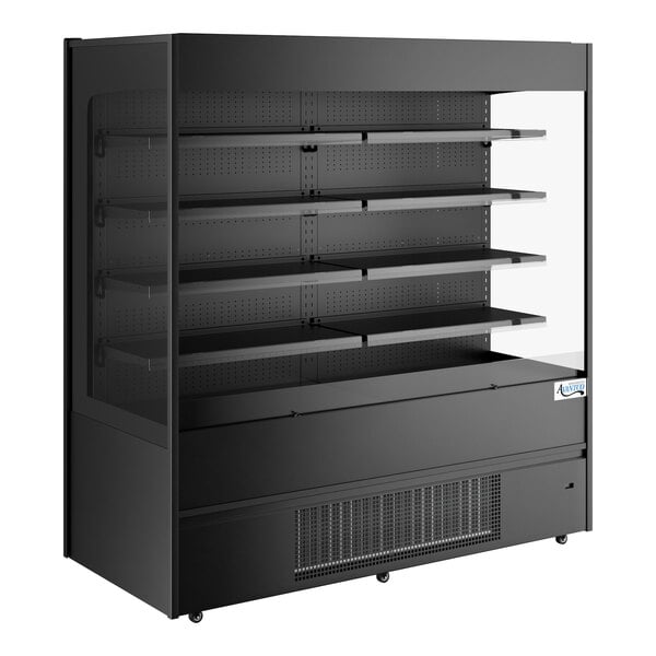A black vertical open air merchandiser with shelves.