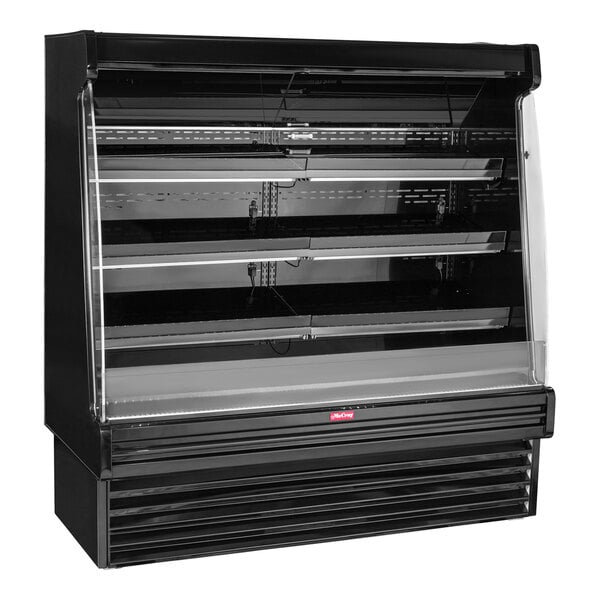 A black Howard McCray horizontal open air curtain produce merchandiser with three shelves.