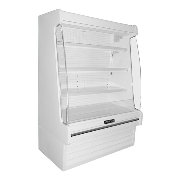 A white Howard McCray 30E Series horizontal open air curtain dairy merchandiser with shelves.