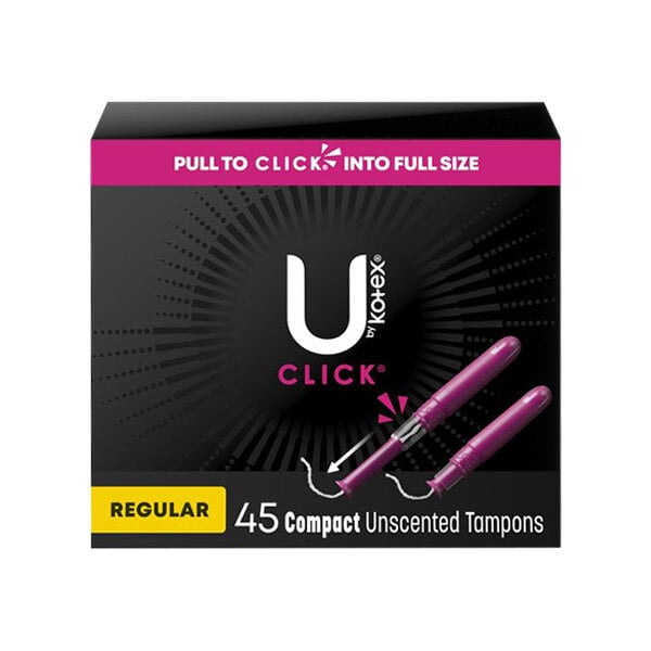 A box of U by Kotex Click Compact tampons with a purple logo.