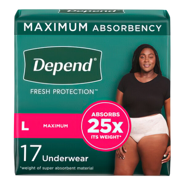 A box of Depend women's disposable underwear with a pink and white sign.