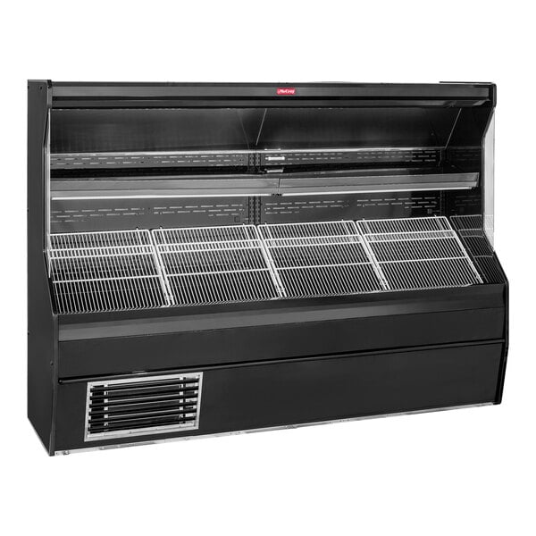 A black Howard McCray horizontal open air refrigerated display with metal shelves.