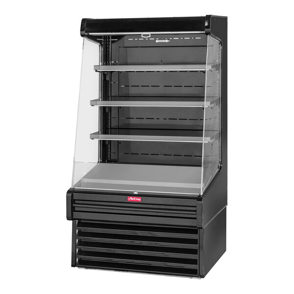 A black Howard McCray vertical open air curtain dairy merchandiser with clear shelves.
