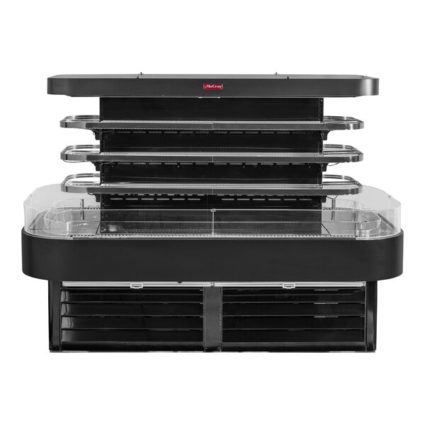 A black Howard McCray air curtain merchandiser with three shelves.