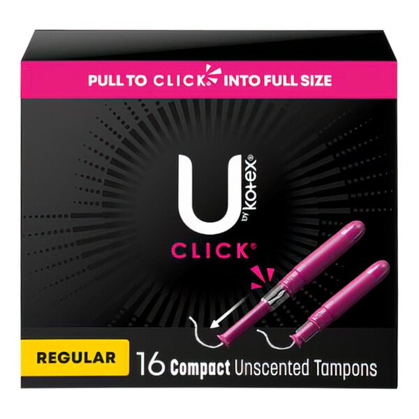 A pink box of U by Kotex Click Compact Regular Absorbency Unscented Tampons with a pink and white U logo.