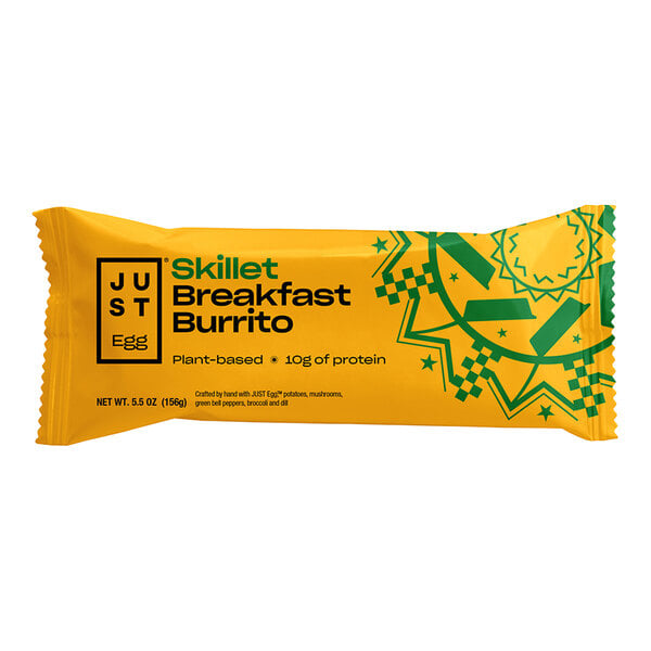 A yellow package of Eat Just Egg Plant-Based Vegan Skillet Breakfast Burritos.