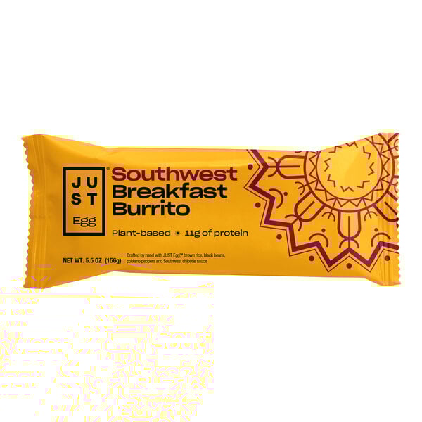 A yellow package of Eat Just Southwest Breakfast Burritos with text on it.