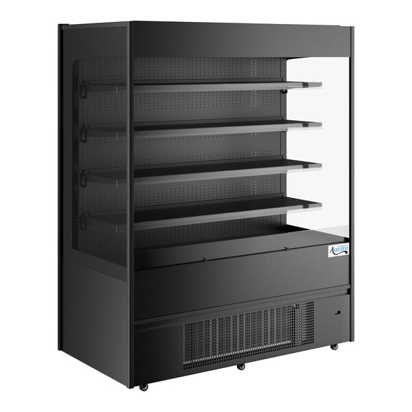 A black Avantco vertical open air refrigerated display case with glass shelves.